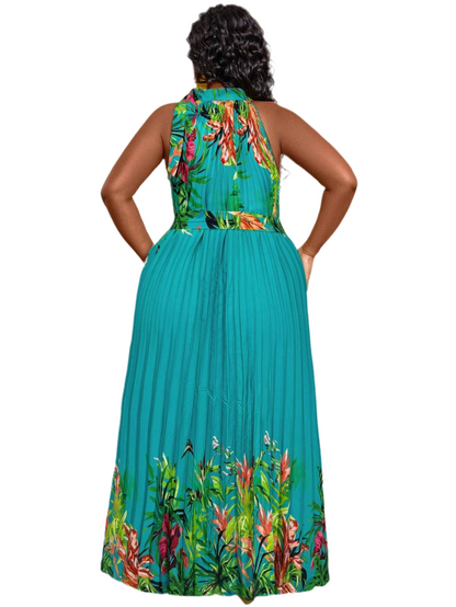 Plus Size Tropical Print Halter Maxi Dress – Perfect for Vacation