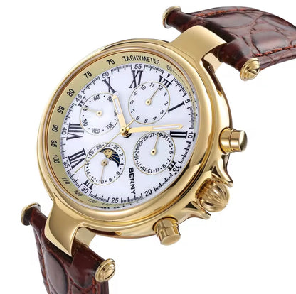 BERNY Retro Automatic Men's Watch Sun&Moon Phase Luminous ST1652 Classic Genuine Leather Luxury Mechanical Men's Dress Watches