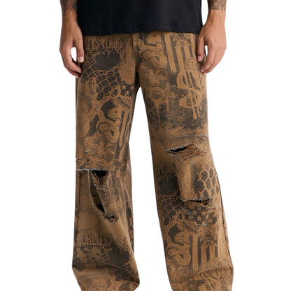 World Is Yours Graphic Printed Baggy Jeans Brown Combo
