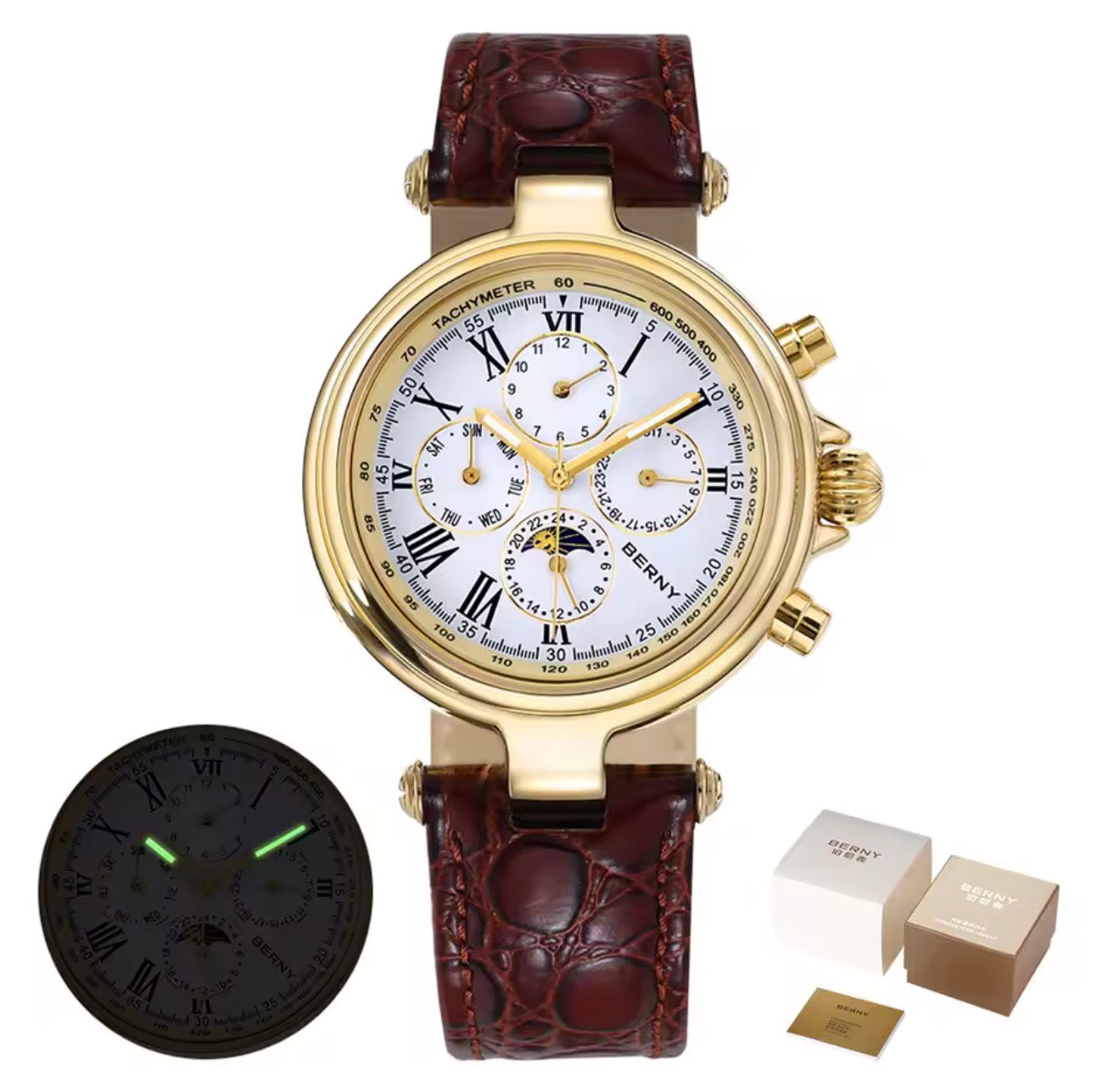 BERNY Retro Automatic Men's Watch Sun&Moon Phase Luminous ST1652 Classic Genuine Leather Luxury Mechanical Men's Dress Watches