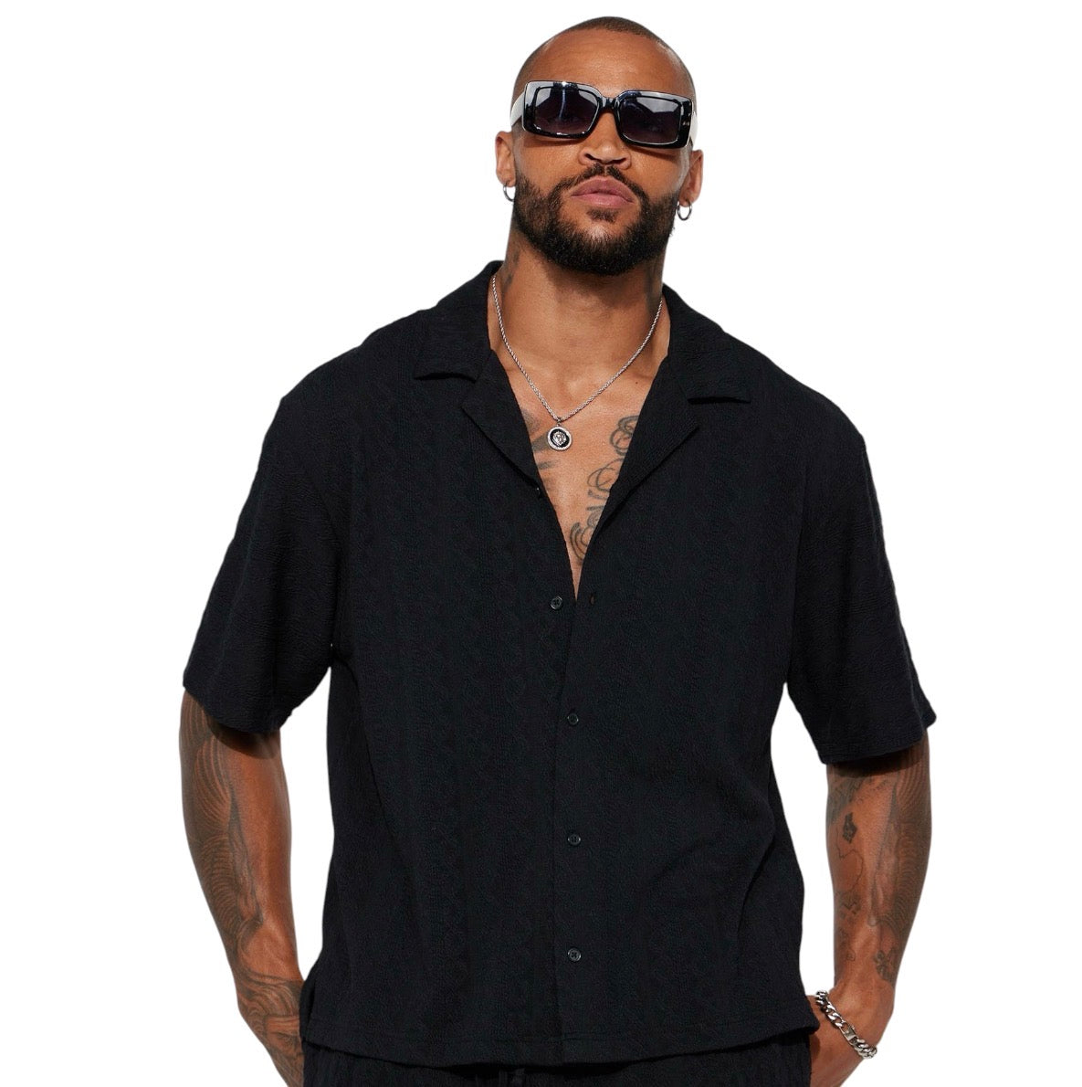Check My Bank Statement Knit Short Sleeve Button Up Black