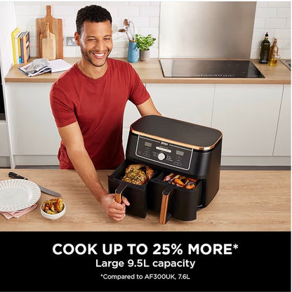Foodi MAX Dual Zone Air Fryer, Amazon Exclusive, Tongs, 2 Drawers, 9.5L, 6-in-1, Use No Oil, Air Fry, Max Crisp, Roast, Bake, 8 Portions, Nonstick Dishwasher Safe Baskets, Copper/Black AF400UKCP