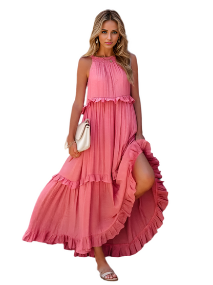 Ruffled Sleeveless Tiered Maxi Dress with Pockets