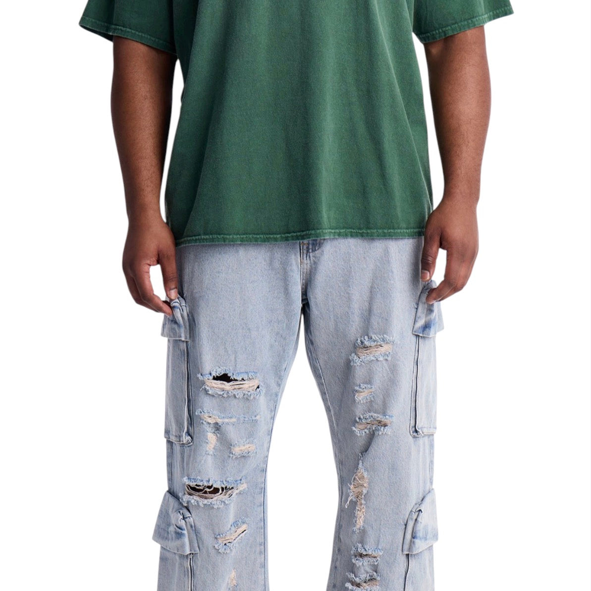 Straight Fractured Cargo Jeans Light Wash