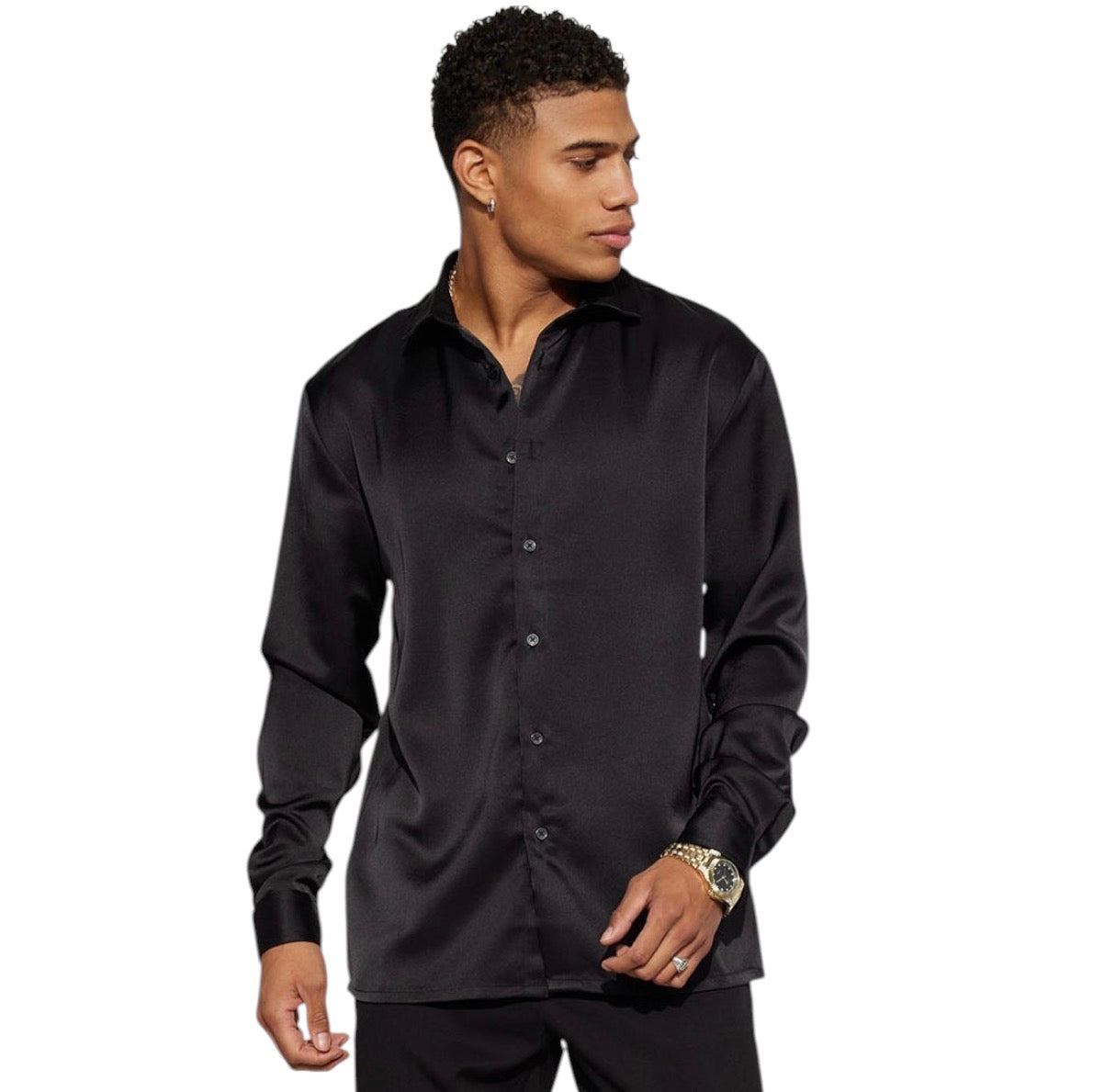 Links Satin Long Sleeve Button Up Shirt Black