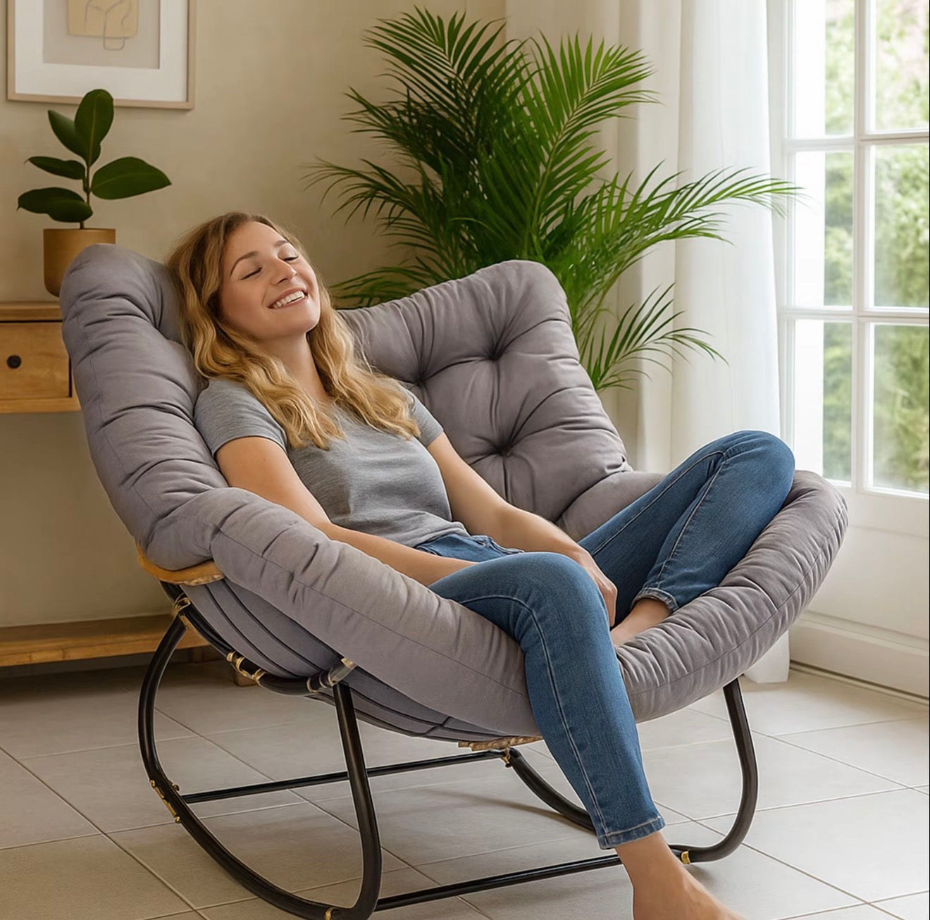 CROWNSHOP Oversized Rattan Egg Rocking Chair