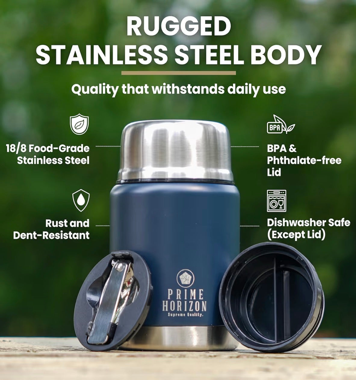 Prime Horizon Food Flask - 500ml Stainless Steel Vacuum Double Wall Jar with Folding Spoon, Leakproof and BPA Free. Free Insulated Travel Bag with Carabiner and Gift Box