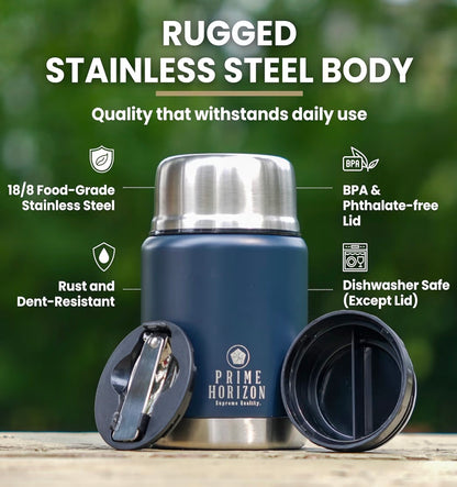 Prime Horizon Food Flask - 500ml Stainless Steel Vacuum Double Wall Jar with Folding Spoon, Leakproof and BPA Free. Free Insulated Travel Bag with Carabiner and Gift Box