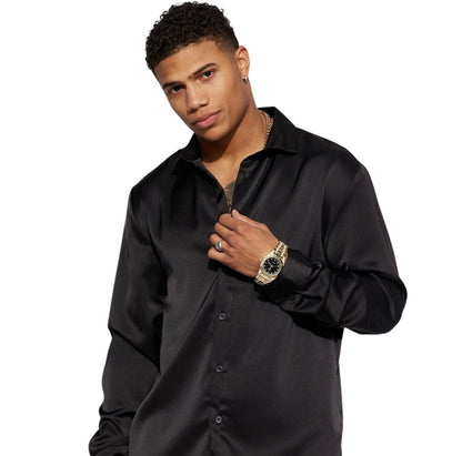 Links Satin Long Sleeve Button Up Shirt Black