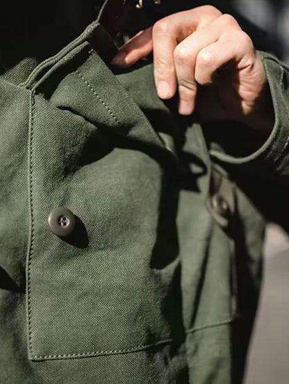 Swedish motorcycle jacket, men's retro military green casual cropped jacket, 100% cotton canvas workwear asymmetric safari style