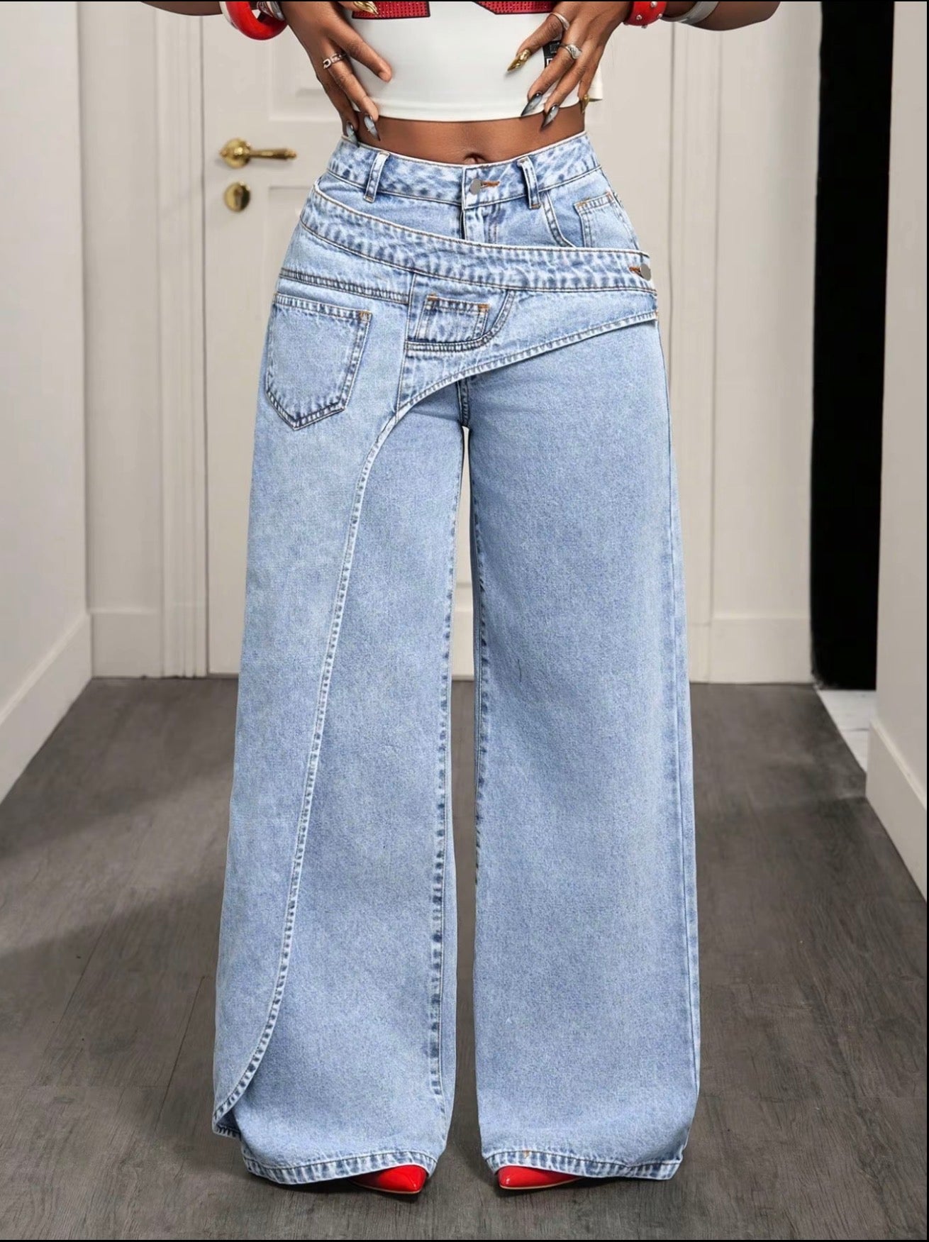 Women’s Casual Loose Fit Denim Long Pants Asymmetrical Design