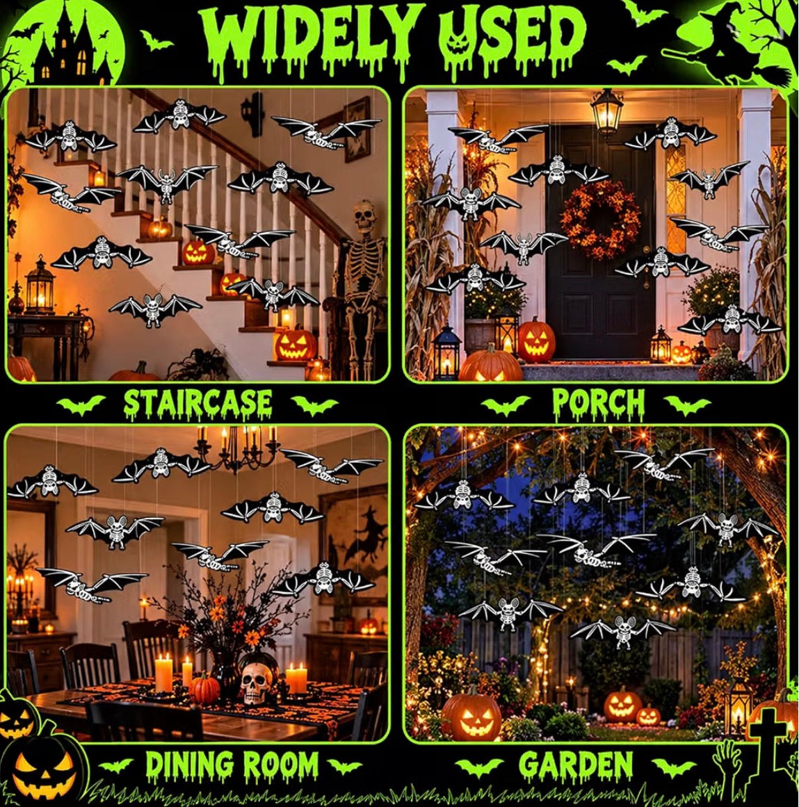12 Hanging Halloween Bats with Glowing Skull Designs | Minja Superstore