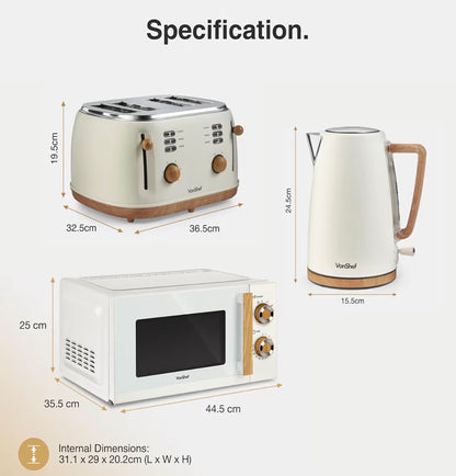 VonShef Microwave Kettle Toaster Set – Scandi Kitchen Set, 1.7L Nordic Rapid Boil Kettle, Wide Slot Toaster 4 Slice with 6 Browning Controls, and 20L Microwave with 6 Power Levels – Fika Range, Cream