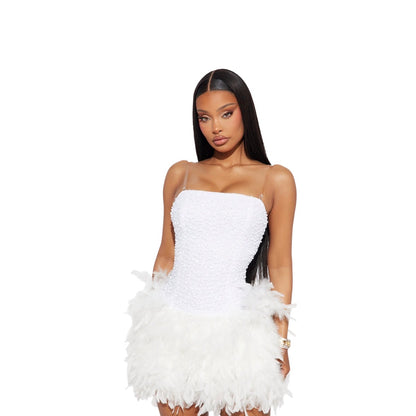Zoey Feathered Sequin Mini Dress White
