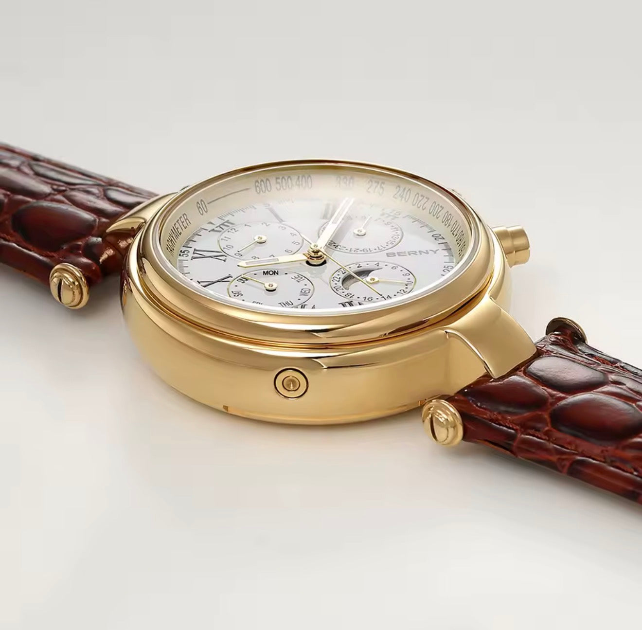 BERNY Retro Automatic Men's Watch Sun&Moon Phase Luminous ST1652 Classic Genuine Leather Luxury Mechanical Men's Dress Watches