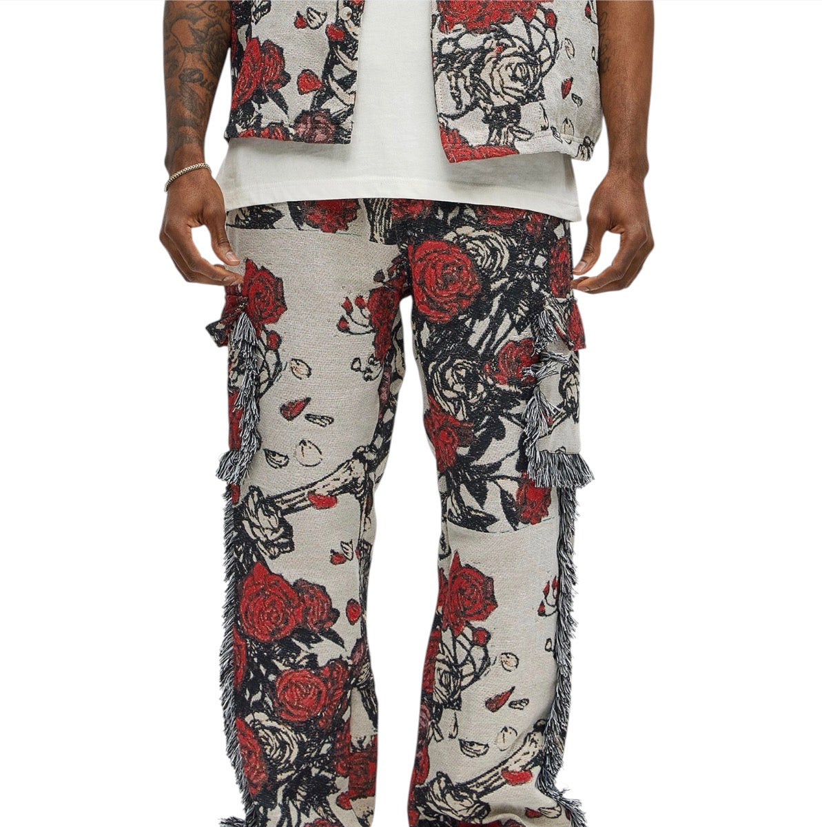 Straight Petals Tapestry Cargo Pants Red Combo