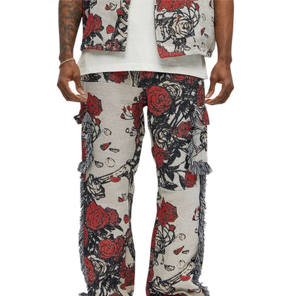 Straight Petals Tapestry Cargo Pants Red Combo