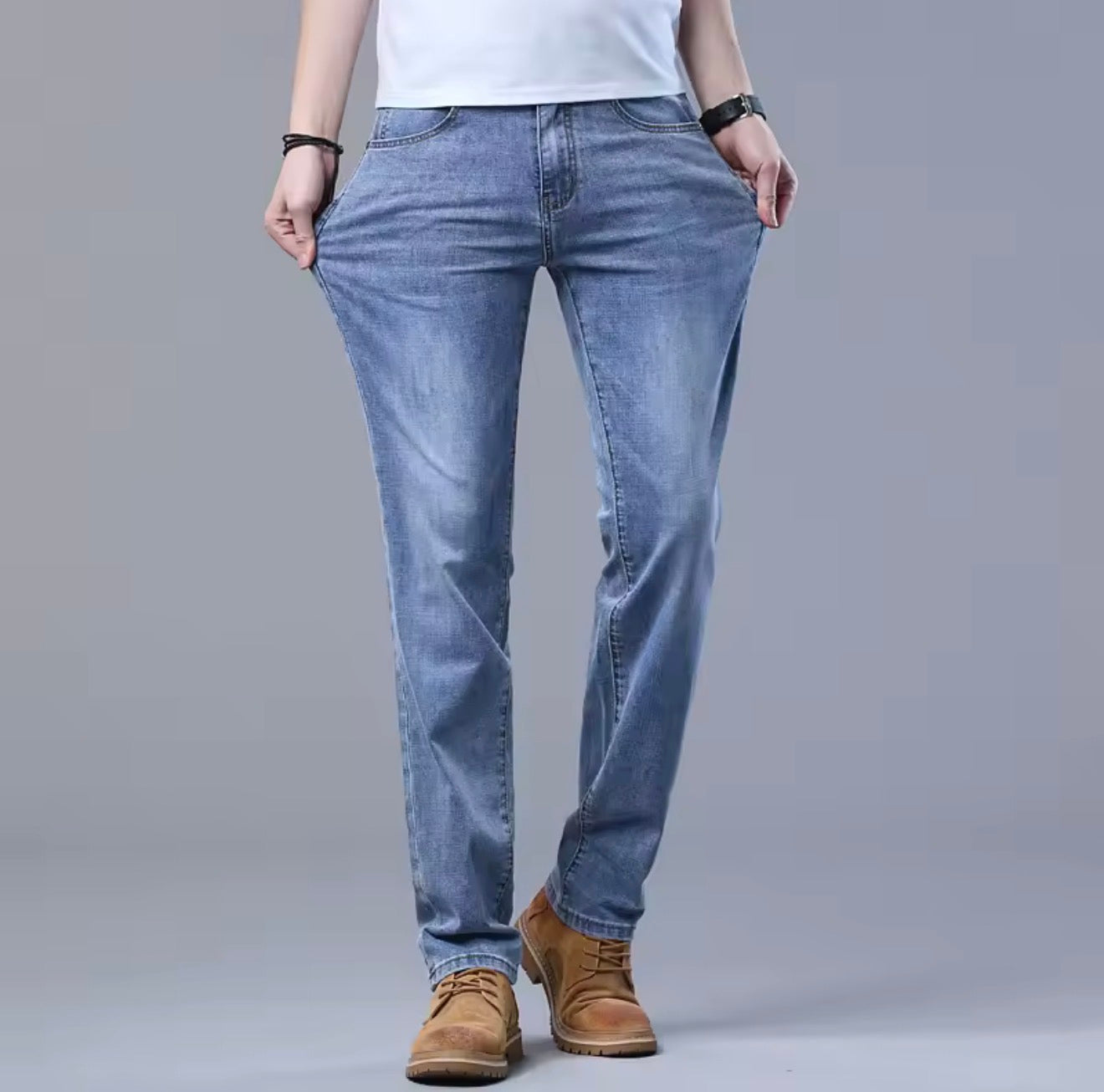Spring Men's Light Blue Slim Jeans Stylish Casual Stretch Fabric Denim Pants Classic Trousers Smoke Gray