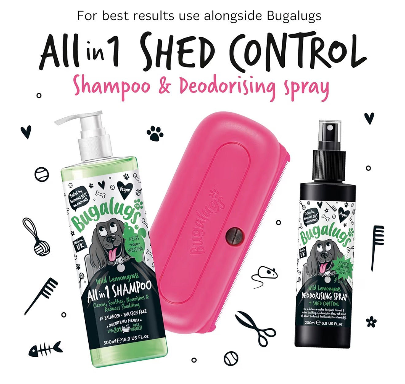 Bugalugs Deshedding Brush for Dogs Cats & Horses