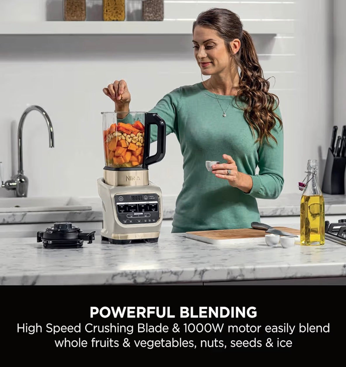 Foodi Blender & Soup Maker, 10 Auto-iQ Programs, 1.7L Glass Jug, Hot & Cold Blender, Built-In Heating Element, Tamper, Cleaning Program & Brush, 1000W, Stone Gold, HB150UKSTGD