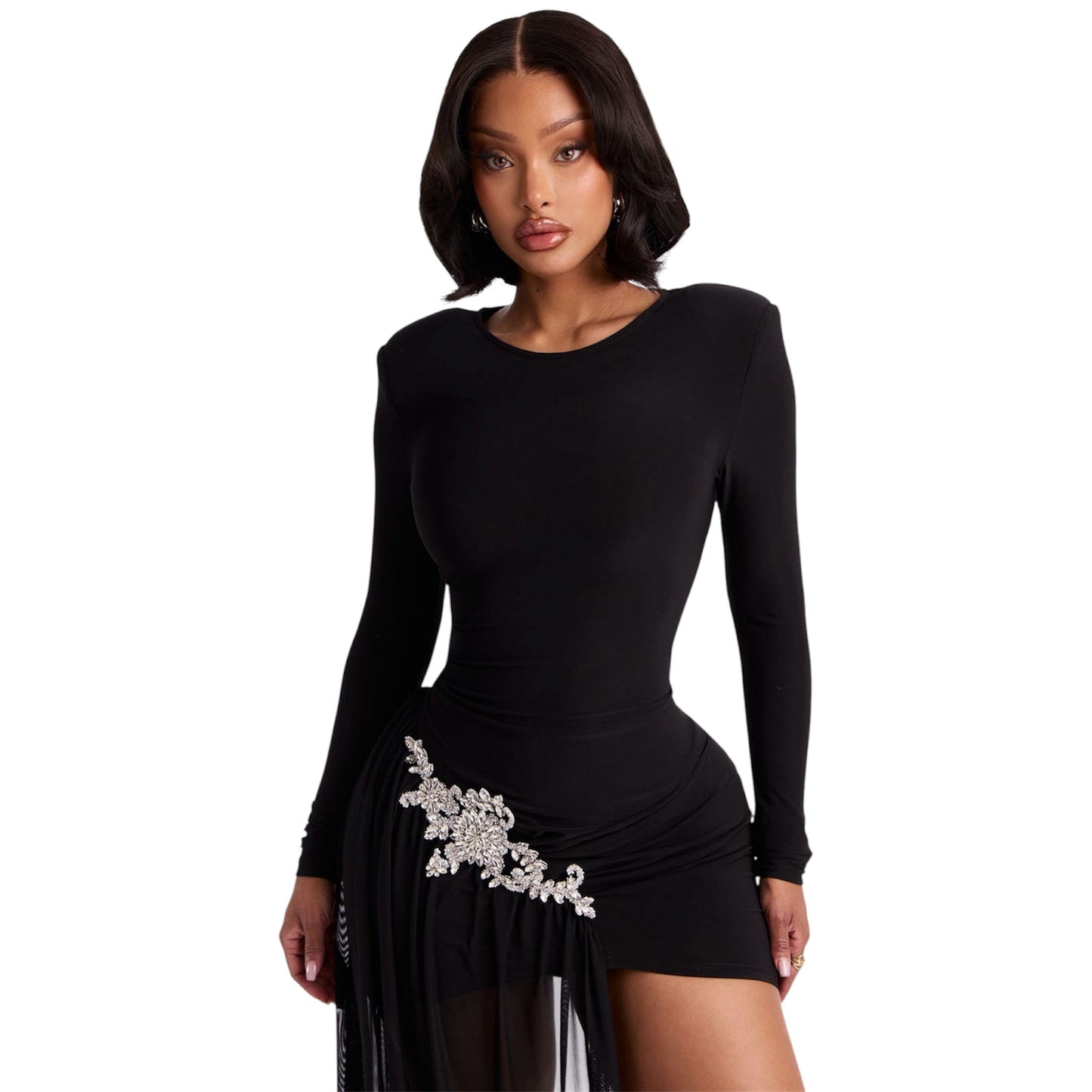 Leni Embellished Draped Mini Dress Black