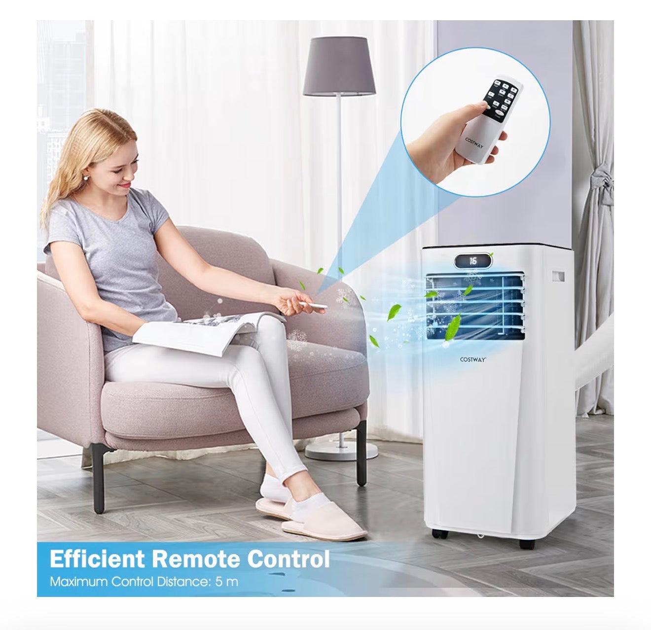 9000BTU Portable Air Conditioner, 4 in 1 Mobile Cooler, Dehumidifier, Fan with Sleep Mode, LED & Front Display, Remote Control, 2 Speeds, 24H Timer & Adapter