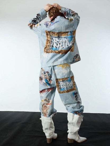 ARTISTIC PATCHES GRAPHIC DISTRESSED DENIM JACKET