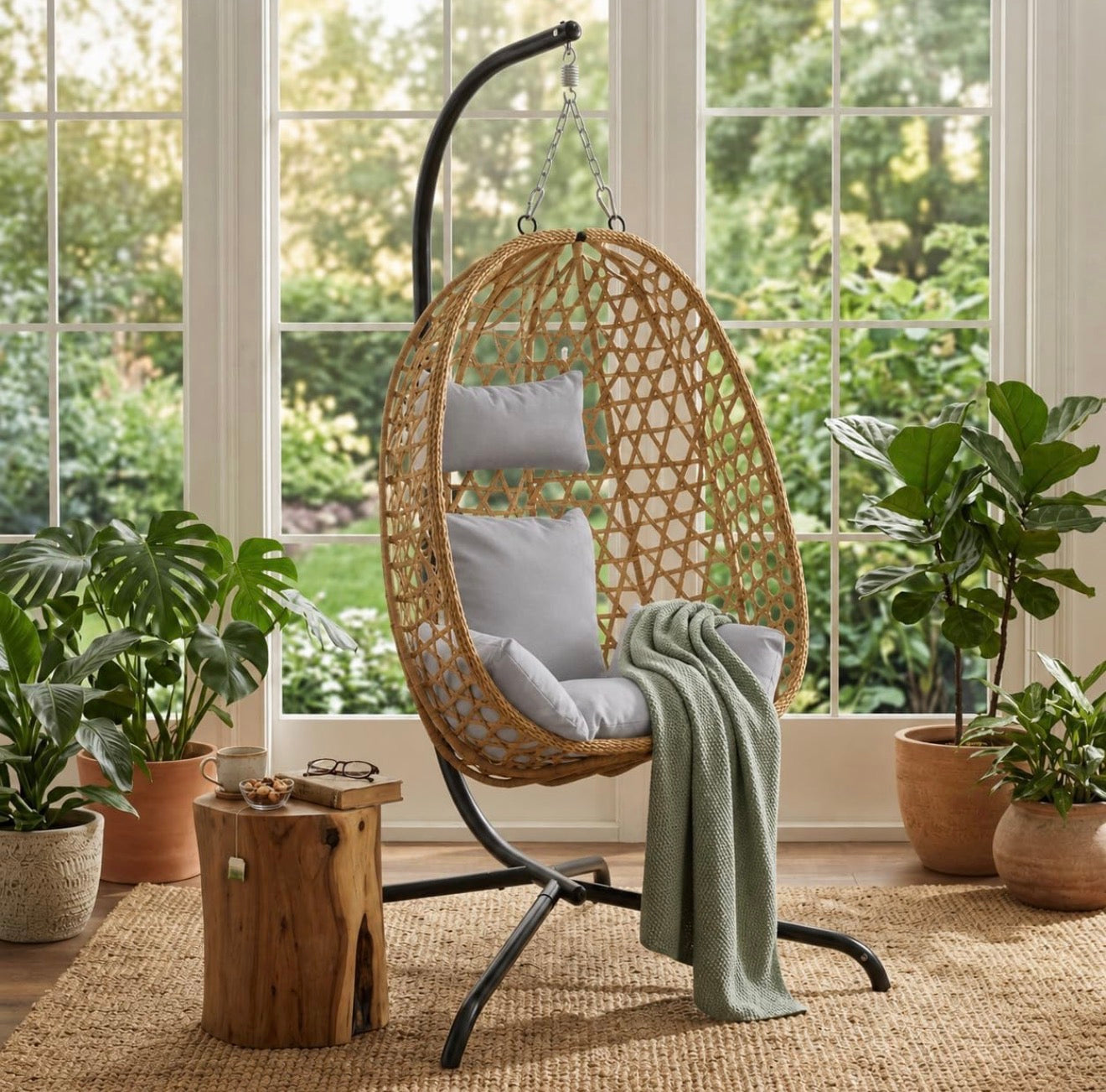 URBNLIVING Hanging Egg Chair with Stand PE Rattan Indoor Outdoor Swing Seat