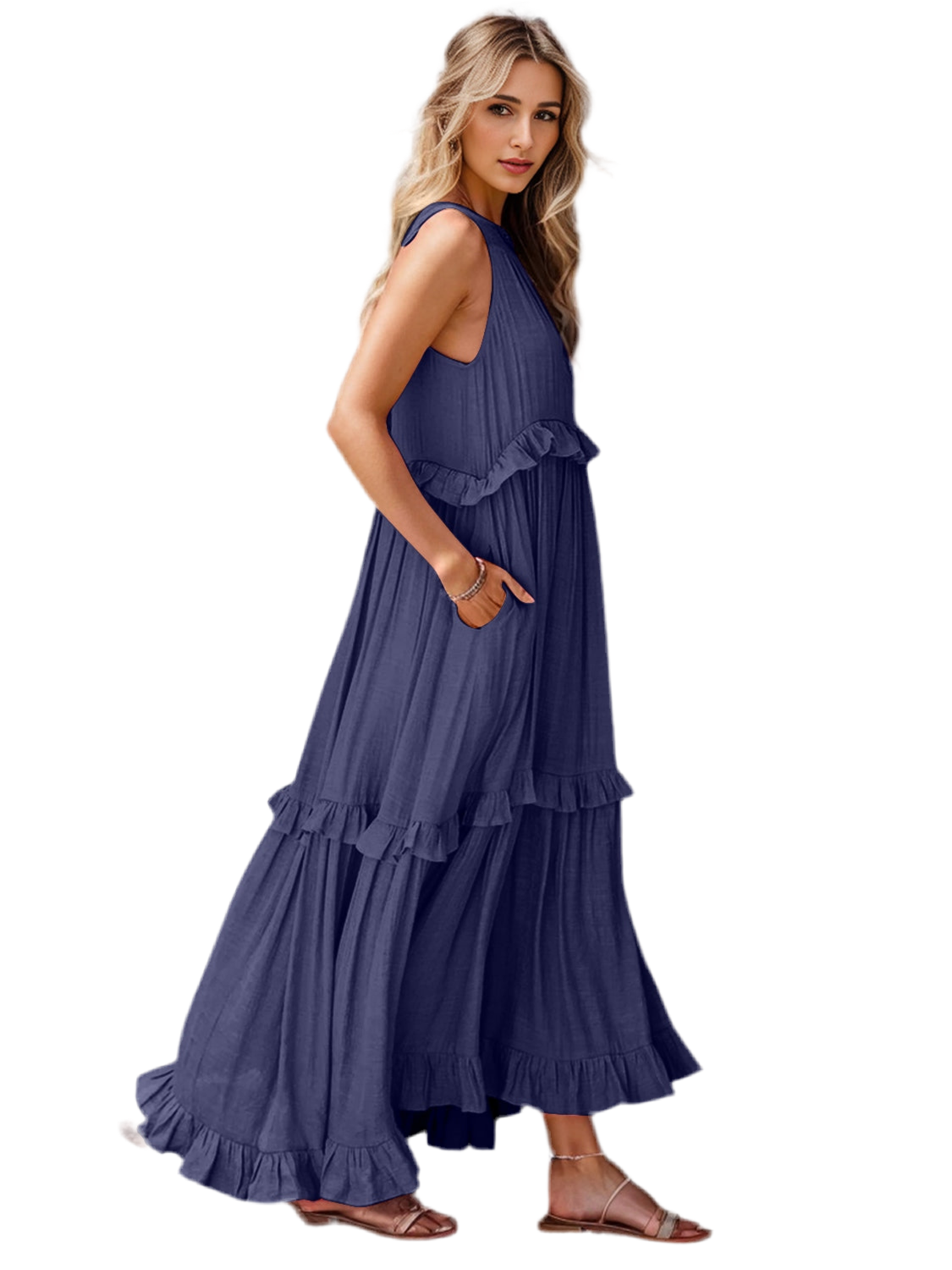 Ruffled Sleeveless Tiered Maxi Dress with Pockets