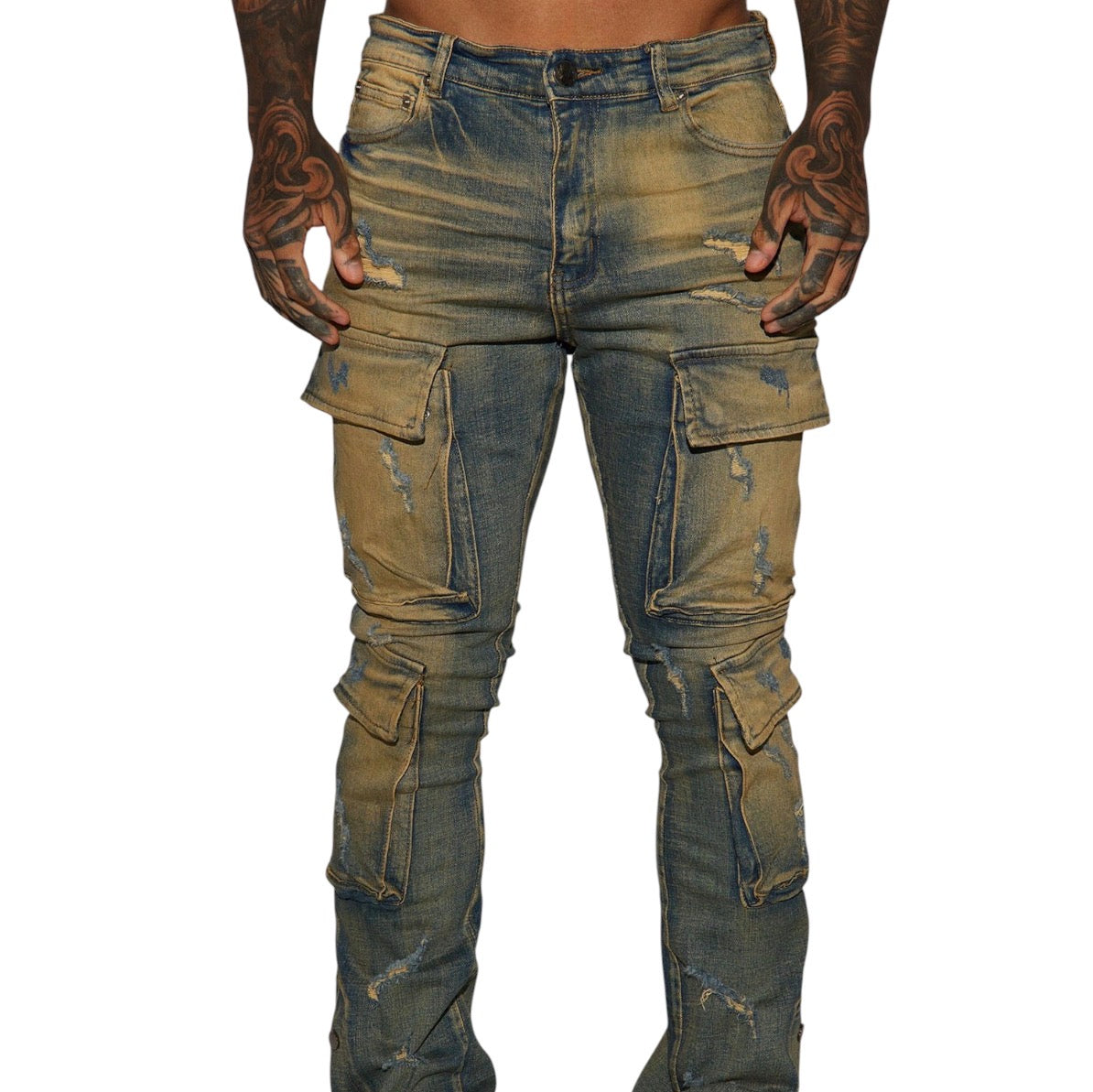 On The Set Stacked Skinny Snap Flare Jeans Vintage Wash