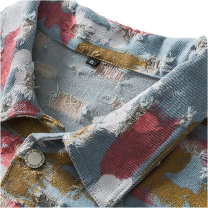 Watercolor Graffiti Hole Ripped Denim Jacket Men Fashion Hip Hop Style