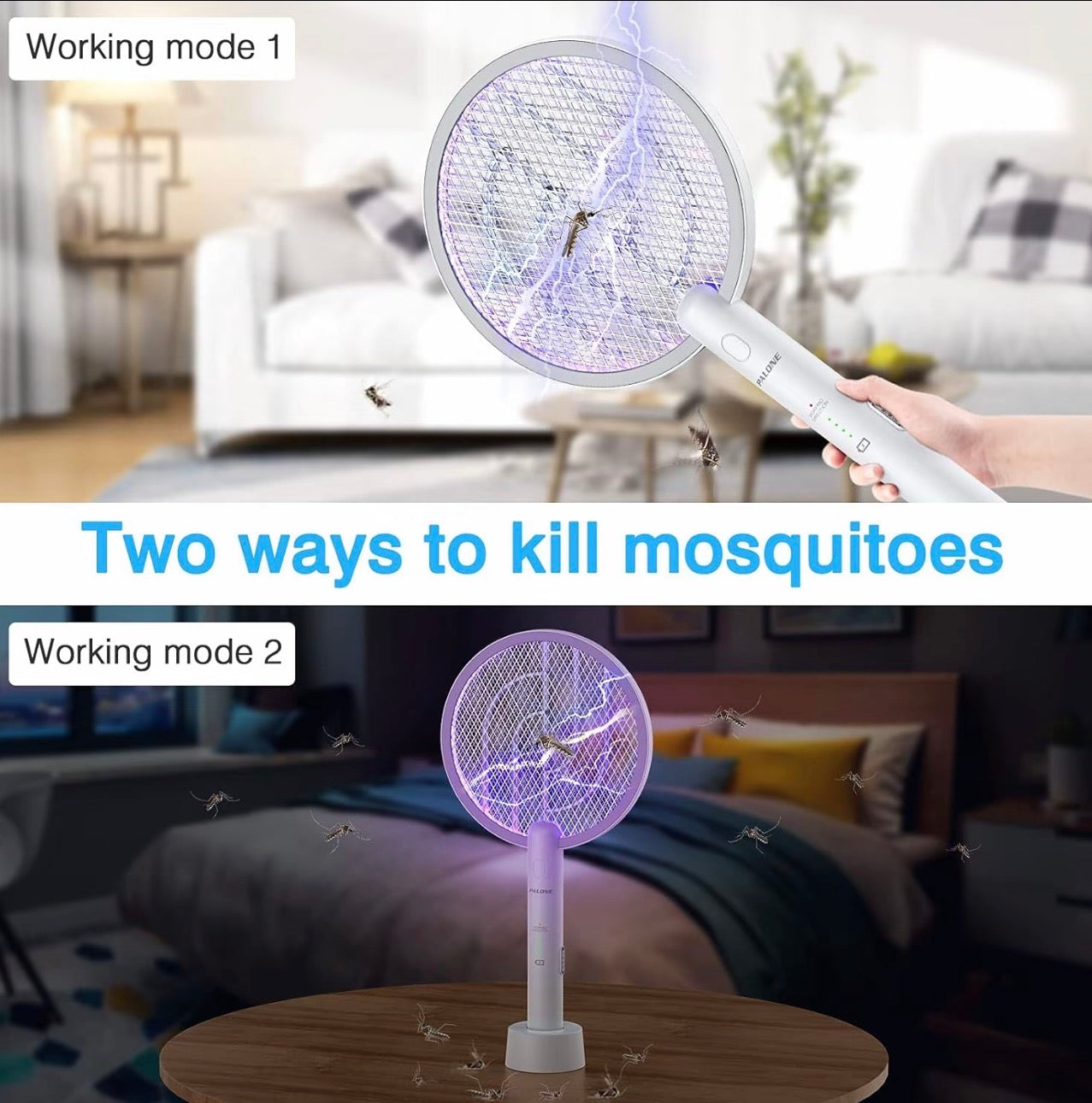 2 in 1 Electric Mosquito Swatter & Bug Zapper | USB Rechargeable 3000V Fly Killer with Strong Light & Safety Protection Net, Child & Pet Friendly for Home, Garden, Camping