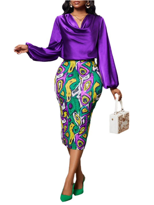 Women’s Purple Satin Shirt & African Totem Print Suit – Elegant Fall Outfit for Thanksgiving & Masquerades