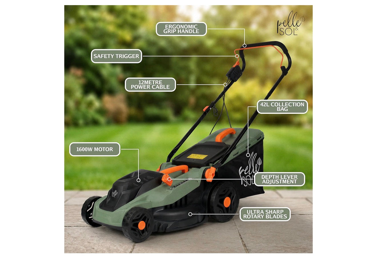 Pelle & Sol Electric Lawn Mower 1800W 43cm Cutting Width 52L Collector