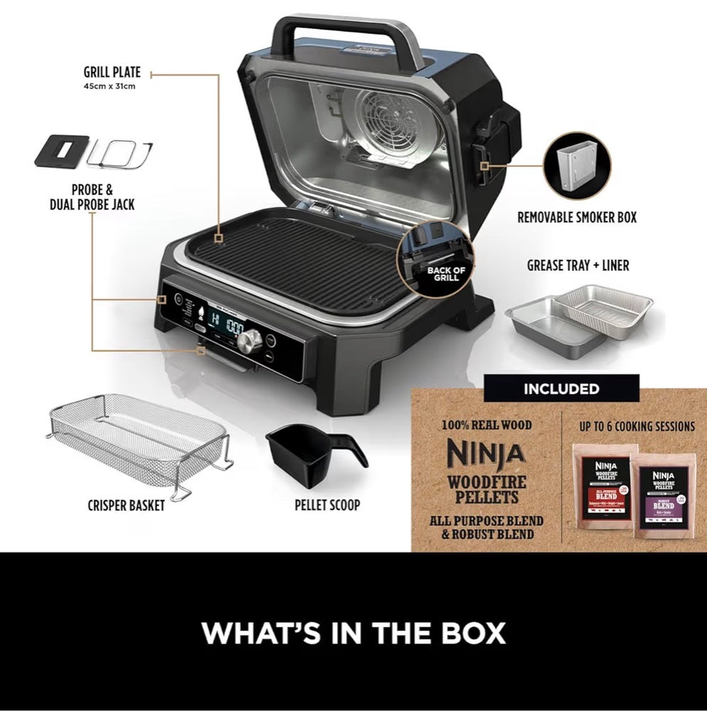 Woodfire Pro Connect XL Electric BBQ Grill and Smoker with App Control, Digital Probe, Large 7-in-1 Outdoor Grill and Air Fryer with Woodfire Pellets, Weather Resistant, Blue and Black OG901UK