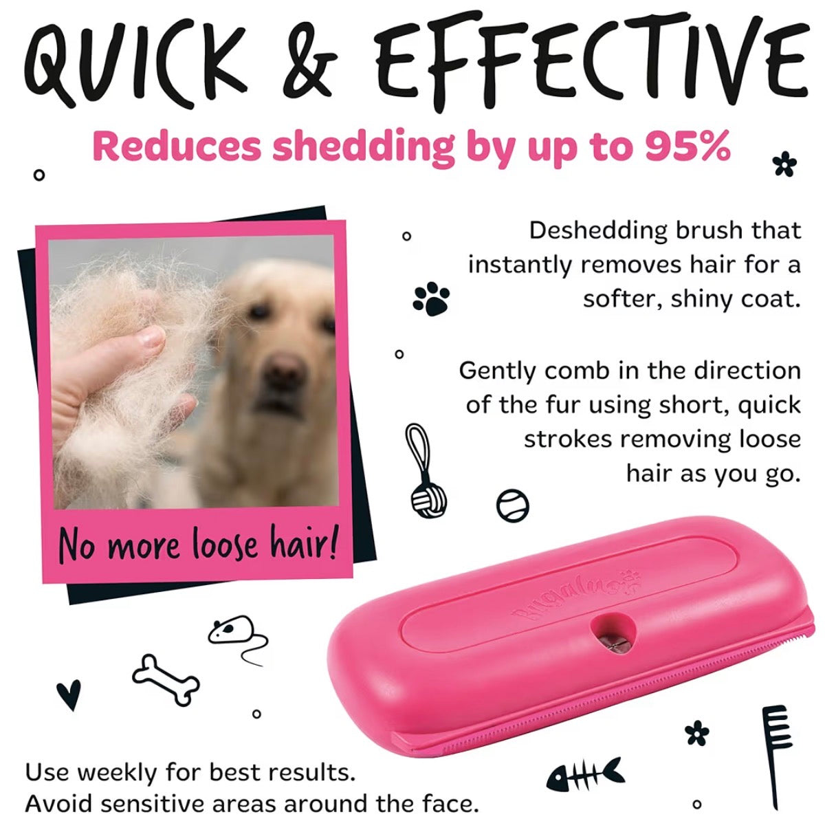 Bugalugs Deshedding Brush for Dogs Cats & Horses