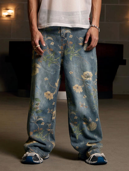 DENIM FLORAL PRINT CARPENTER JEANS