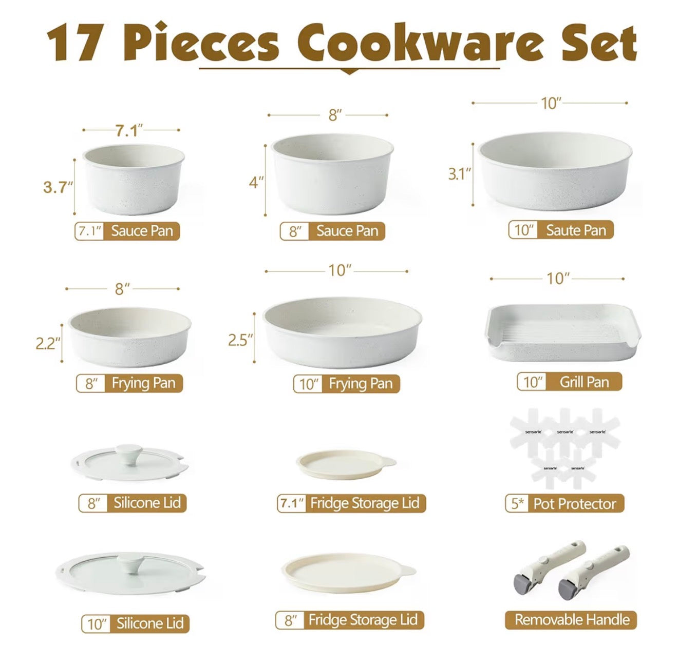 SENSARTE 17 Piece Pots and Pans Set, Nonstick Detachable Handle Cookware Set, Induction Kitchen Cookware Set with Removable Handle, Healthy Non Stick for RV, Dishwasher ＆ Oven Safe, PFOA Free (White)