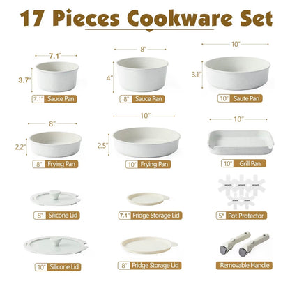 SENSARTE 17 Piece Pots and Pans Set, Nonstick Detachable Handle Cookware Set, Induction Kitchen Cookware Set with Removable Handle, Healthy Non Stick for RV, Dishwasher ＆ Oven Safe, PFOA Free (White)