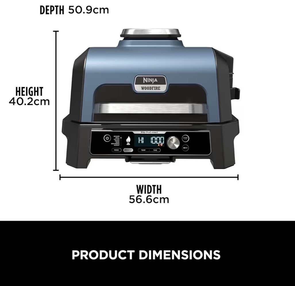Woodfire Pro Connect XL Electric BBQ Grill and Smoker with App Control, Digital Probe, Large 7-in-1 Outdoor Grill and Air Fryer with Woodfire Pellets, Weather Resistant, Blue and Black OG901UK