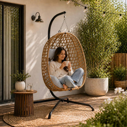 URBNLIVING Hanging Egg Chair with Stand PE Rattan Indoor Outdoor Swing Seat