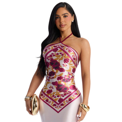 Dina Floral Satin Maxi Dress Burgundy Combo