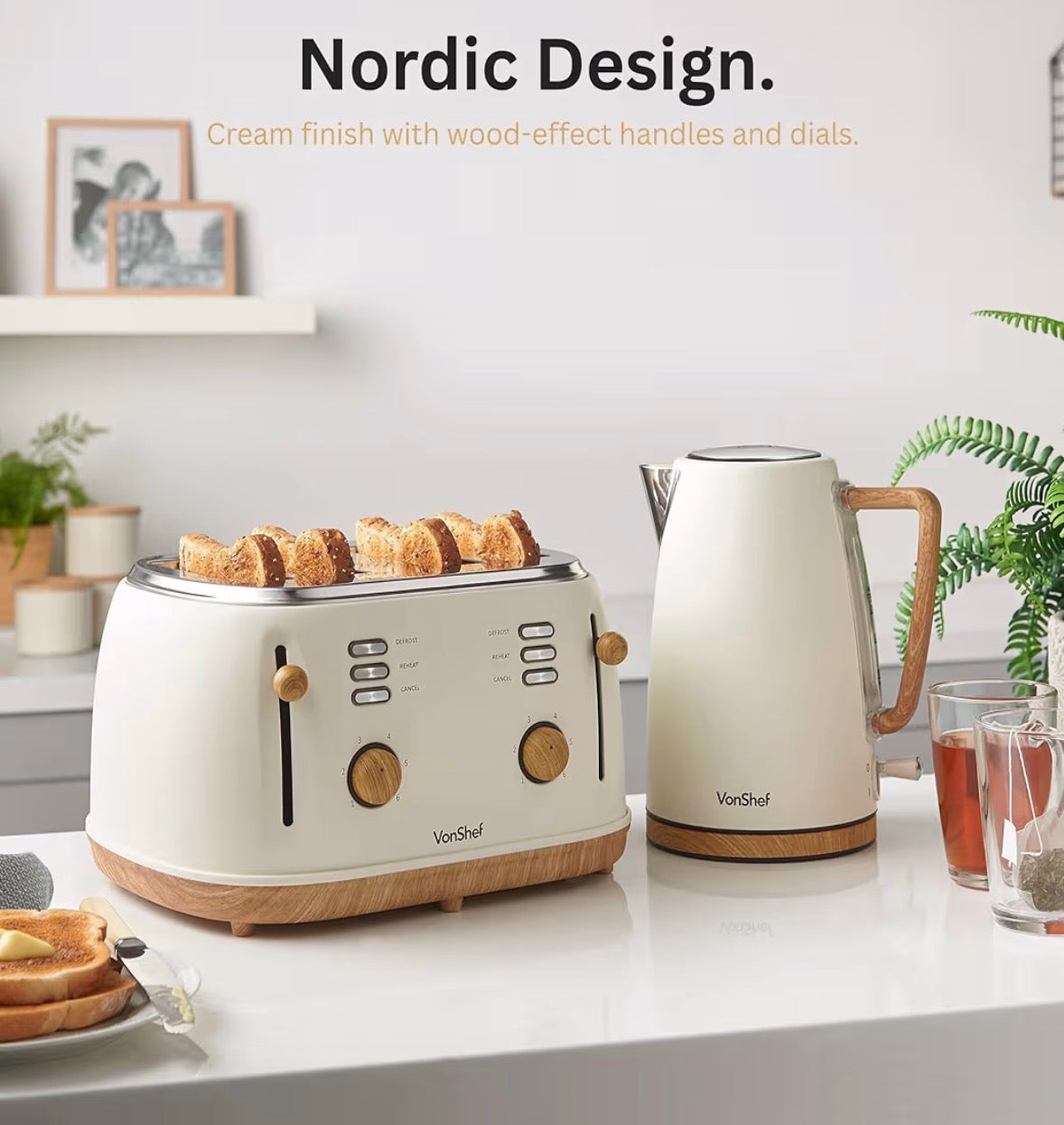 VonShef Microwave Kettle Toaster Set – Scandi Kitchen Set, 1.7L Nordic Rapid Boil Kettle, Wide Slot Toaster 4 Slice with 6 Browning Controls, and 20L Microwave with 6 Power Levels – Fika Range, Cream