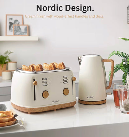 VonShef Microwave Kettle Toaster Set – Scandi Kitchen Set, 1.7L Nordic Rapid Boil Kettle, Wide Slot Toaster 4 Slice with 6 Browning Controls, and 20L Microwave with 6 Power Levels – Fika Range, Cream