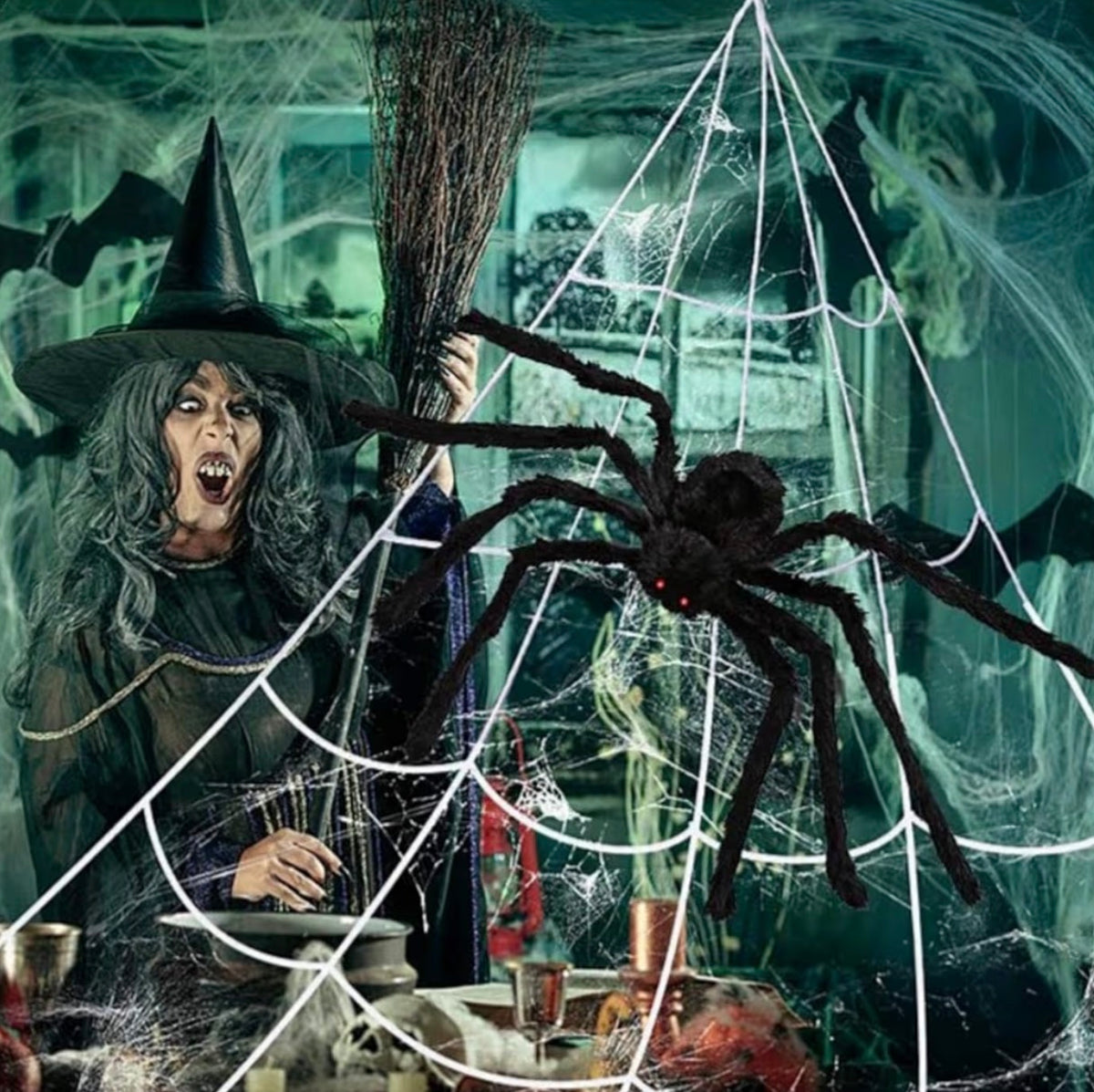 Giant Halloween Spider Web & 59-Inch Spider Decoration Set | 200-Inch Web