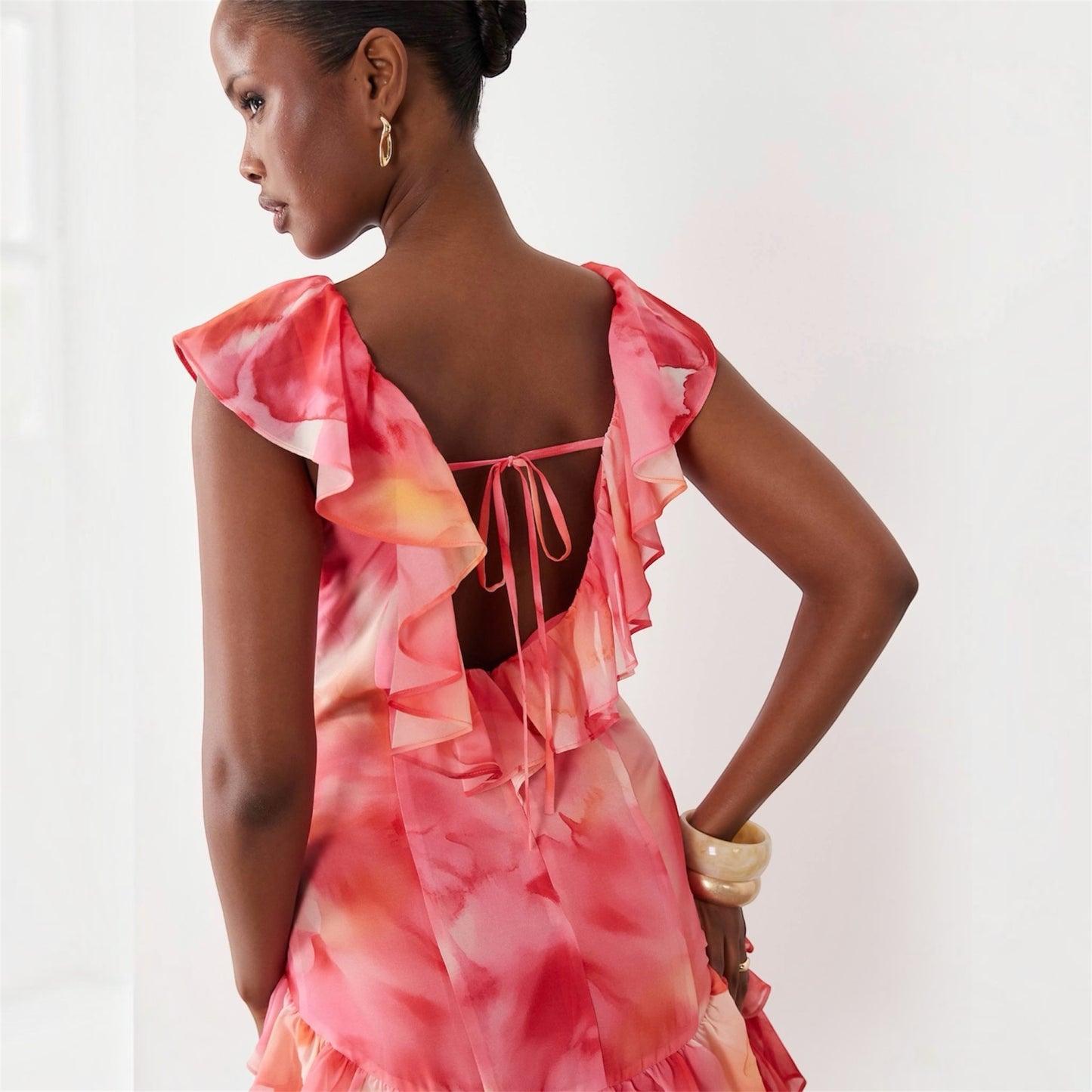 Wanderdoll Cara Plunge Neck Ruffle Tiered Maxi Dress Sunset Floral
