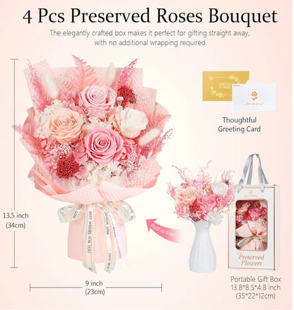 Roses Bouquet with Vase,Forever Bouquet Flowers, Eternal Preserved Real Rose, Gifts for Woman Wife Girlfriend,Gifts for Her on Birthday, Anniversary, Valentine's Day, Mother's Day, Christmas, Pink