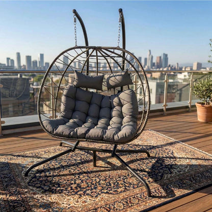 BIRCHTREE Double Hanging Egg Chair with Stand PE Rattan Garden Swing Grey