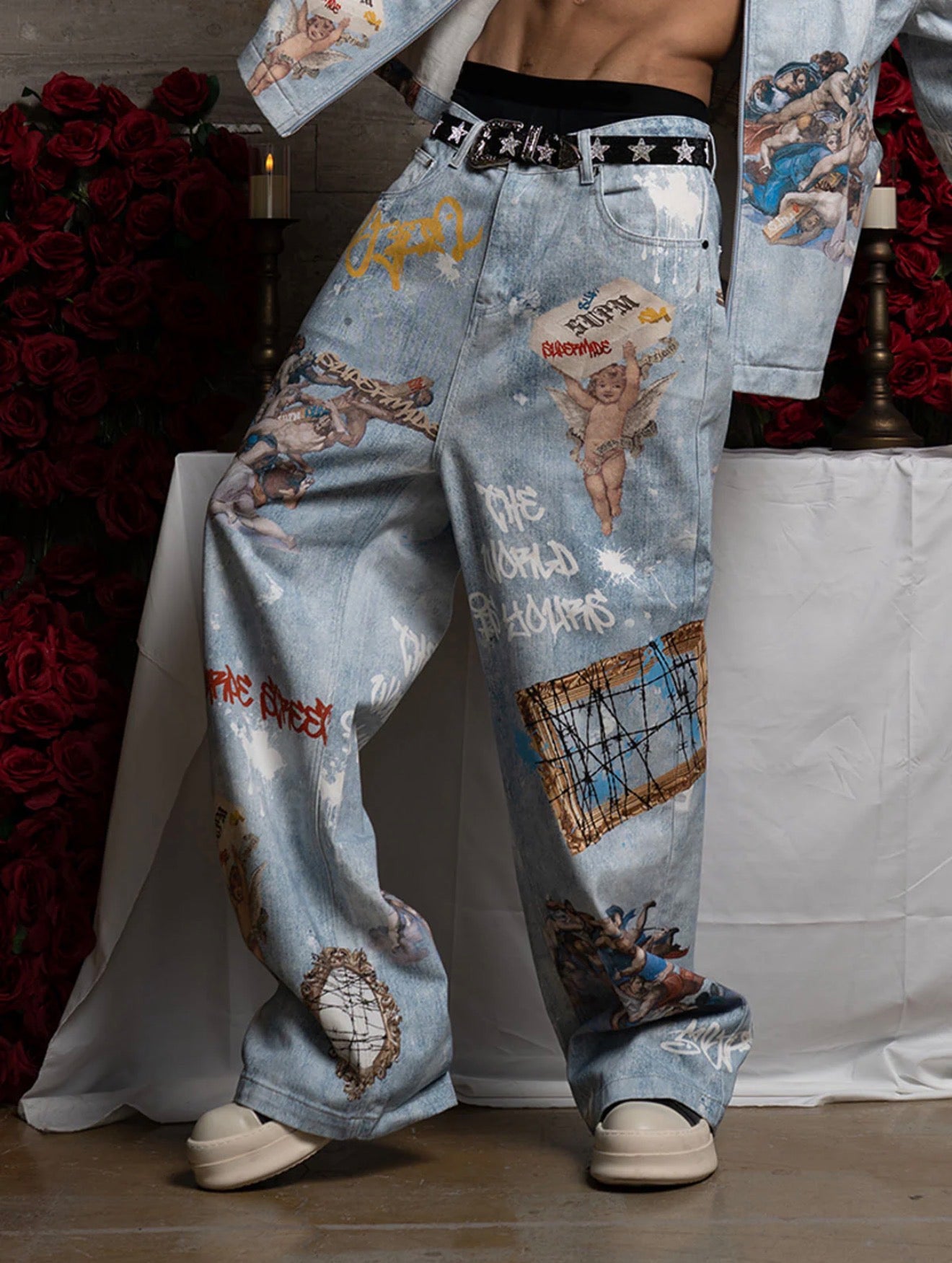 RETRO ARTISTIC GRAFFITI ANGELIC PRINTS BAGGY JEANS