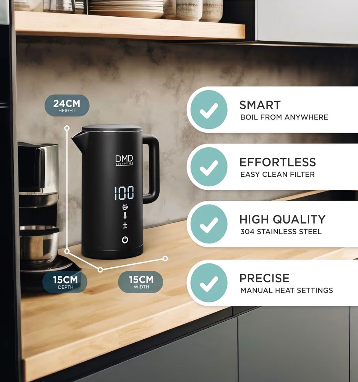 DMD Collective Store Smart Kettle 1.5L, Wi-Fi Touchscreen, Voice Control with Alexa & Google | Digital Temperature Display, Double Wall & Anti-Scalding Design, Energy-Efficient 2200W
